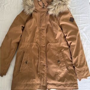 Hollister Warm Brown Coat with Faux Fur Hood